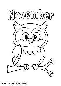November Coloring Page of Cute Owl on a Branch