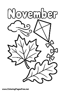 November Coloring Page of Flying Kite with Fall Leaves