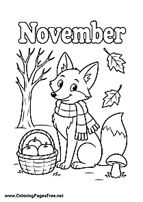 November Coloring Page of Fox Carrying Basket of Apples