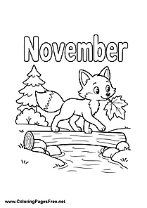 November Coloring Page of Fox on a Log by a Stream