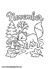 November Coloring Page of Fox with Toadstools in Forest