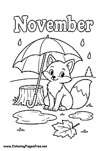 November Coloring Page of Fox with Umbrella in the Rain
