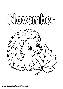 November Coloring Page of Hedgehog with Large Autumn Leaf