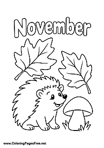 November Coloring Page of Hedgehog with Leaves and Mushroom