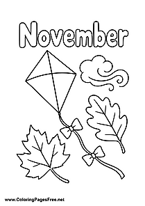 November Coloring Page of Kite Flying in Autumn Wind