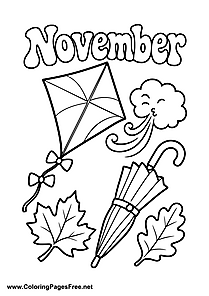 November Coloring Page of Kite with Umbrella in the Wind