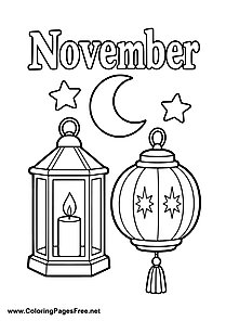November Coloring Page of Lanterns Under Starry Sky