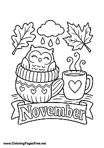 November Coloring Page of Little Owl in a Mitten with Tea