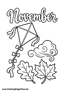 November Coloring Page of Paper Kite with Windblown Leaves