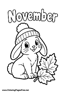 November Coloring Page of Rabbit in Pom Pom Hat with Fall Leaves