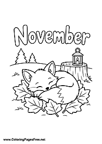 November Coloring Page of Sleeping Fox in Autumn Leaves