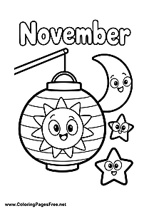 November Coloring Page of Smiling Moon with Star Lantern