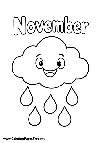 November Coloring Page of Smiling Rain Cloud with Raindrops