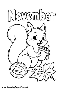 November Coloring Page of Squirrel with Nut and Fall Leaves