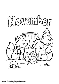 November Coloring Page of Two Foxes in Autumn Forest