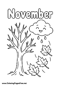 November Coloring Page with Autumn Tree Rain Cloud and Leaves