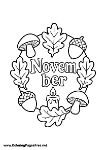 November Coloring Page with Autumn Wreath Mushrooms and Candle