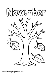 November Coloring Page with Bare Tree and Falling Leaves