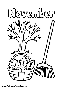 November Coloring Page with Bare Tree Rake and Leaf Basket