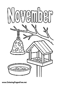 November Coloring Page with Bird Feeder and Hanging Feed Bell
