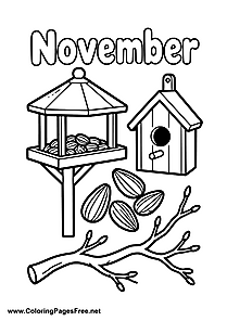 November Coloring Page with Bird Feeder and Sunflower Seeds