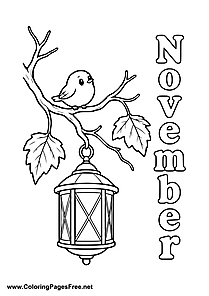 November Coloring Page with Bird on Branch and Hanging Lantern