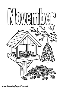 November Coloring Page with Birdhouse Feed Bell and Seeds