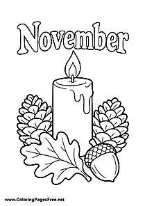 November Coloring Page with Burning Candle Pine Cone and Acorn