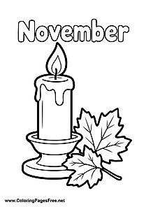 November Coloring Page with Candle and Maple Leaves