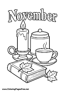 November Coloring Page with Candle Tea Cup and Book