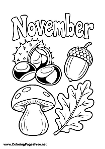 November Coloring Page with Chestnut Acorn Mushroom and Oak Leaf