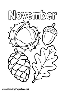 November Coloring Page with Chestnut Acorn Pine Cone and Leaf