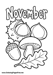 November Coloring Page with Chestnuts Mushroom Acorn and Leaf