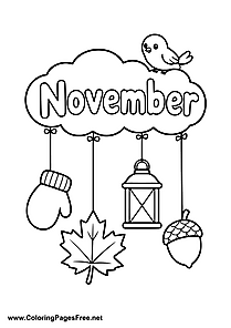 November Coloring Page with Cloud Lantern Acorn and Mitten