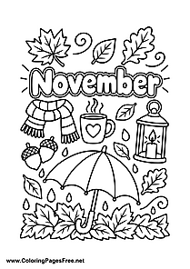 November Coloring Page with Fall Lantern and Umbrella Decorations
