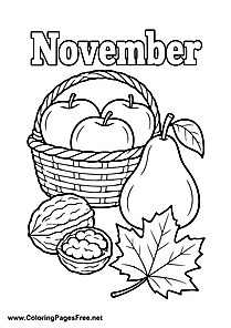 November Coloring Page with Fruit Basket Apples Pear and Walnuts