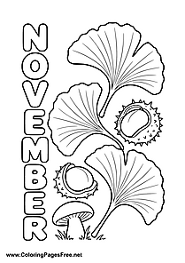 November Coloring Page with Ginkgo Leaves Chestnuts and Mushrooms