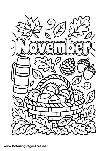 November Coloring Page with Harvest Basket Pumpkin and Leaves