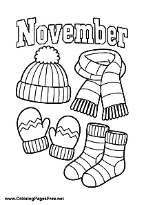 November Coloring Page with Hat Scarf Gloves and Socks