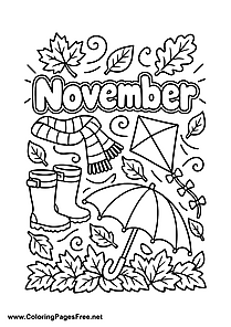 November Coloring Page with Kite Umbrella and Fall Clothes