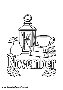 November Coloring Page with Lantern Books and Pear Still Life