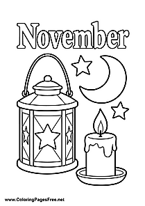 November Coloring Page with Lantern Candle and Crescent Moon