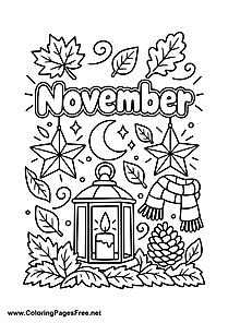 November Coloring Page with Lantern Moon and Fall Leaves