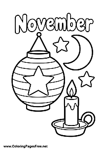 November Coloring Page with Lantern Star Moon and Candle