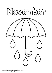 November Coloring Page with Large Umbrella and Raindrops