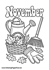 November Coloring Page with Leaf Basket and Garden Rake