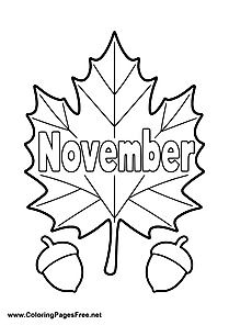November Coloring Page with Maple Leaf and Acorns
