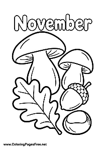 November Coloring Page with Mushrooms and Autumn Fruits