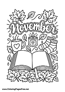 November Coloring Page with Open Book Candles and Fall Leaves