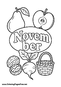 November Coloring Page with Pear Apple and Nut Harvest